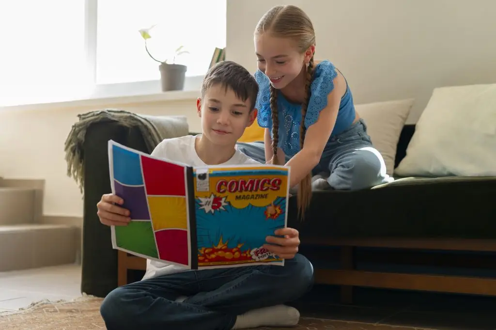 2 crianças lendo livro