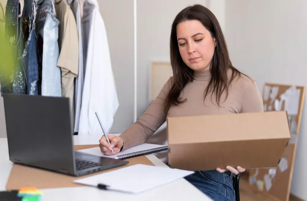 mulher fazend anotações em seu caderno e segurando uma caixa de papelão