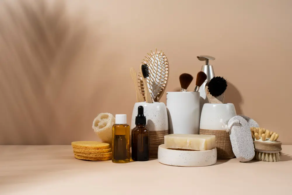 Fundo bege, e vários produtos de limpeza e higiene
