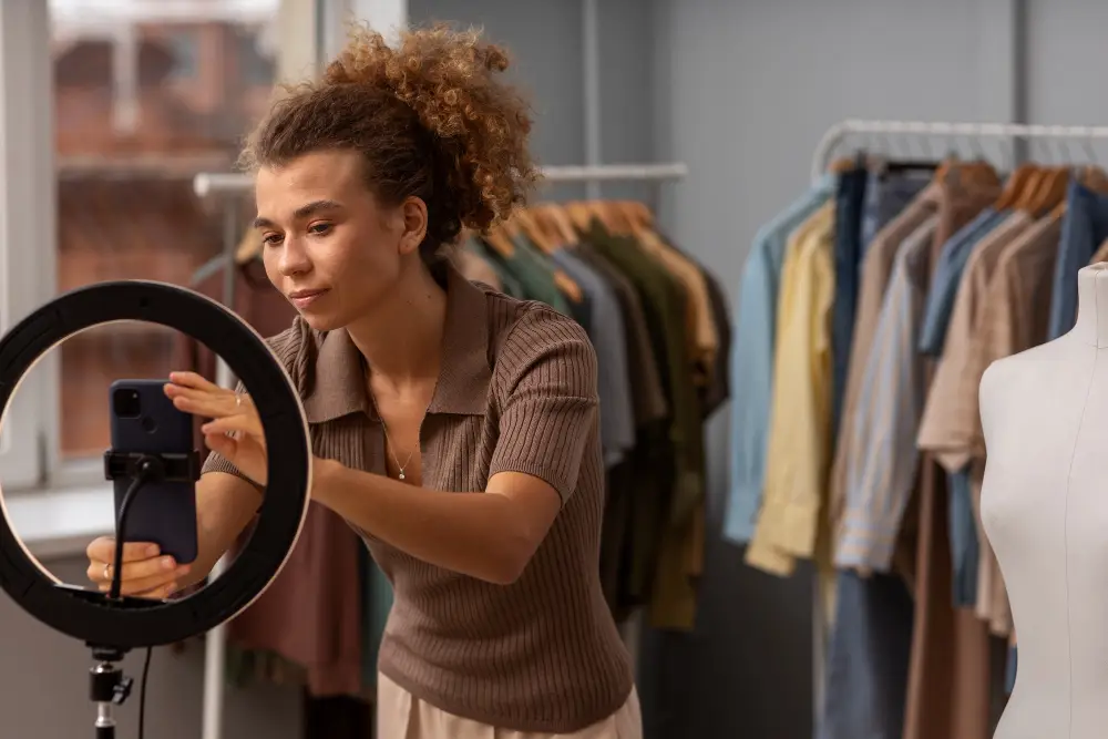 mulher posicionando o celular para fazer uma gravação