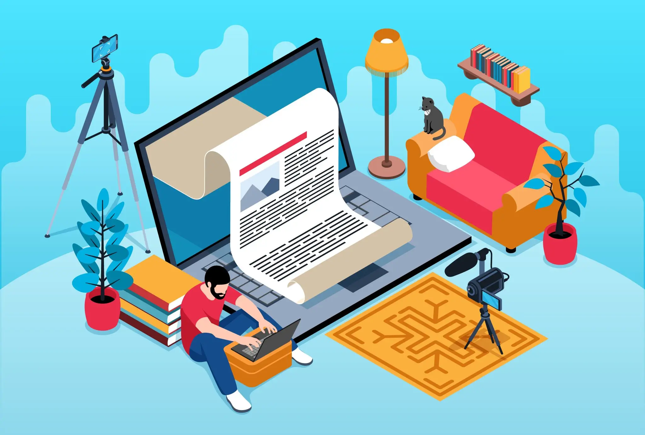 ilustração 3d de um cenário com um computador, um papel saindo dela, cameras ao redor, um sofá vermelho ao lado