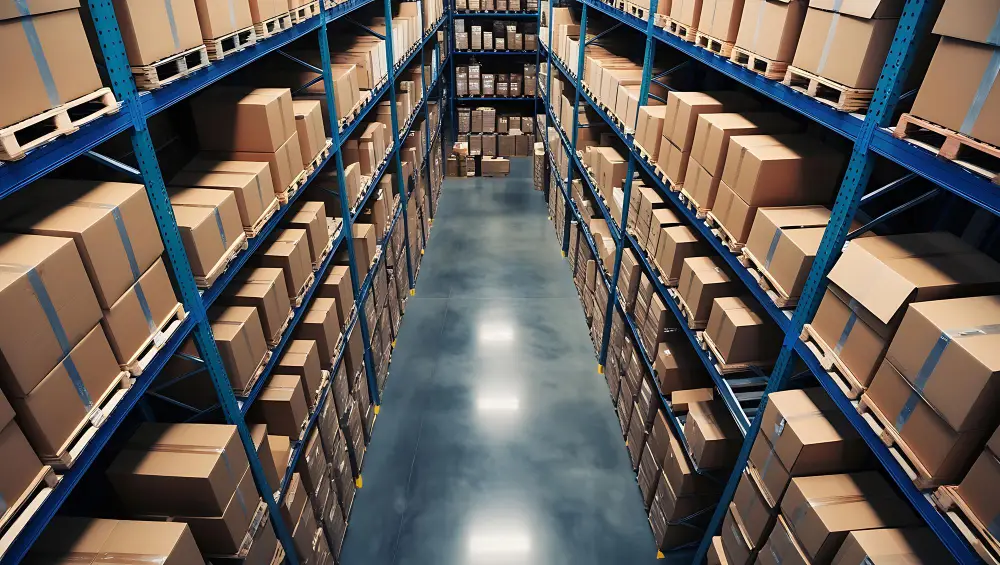 magem de um armazém bem organizado, com prateleiras altas cheias de caixas de papelão empilhadas em paletes.
